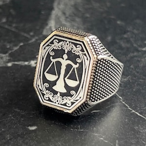 Silver Scales of Justice Men&#39;s Ring, Men Handmade Libra Ring, Silver Lawyer Ring, Oxidized Silver Ring, Justice Sign Elegant Men&#39;s Jewelry