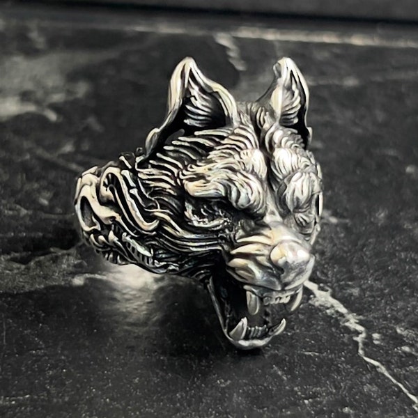 Handmade Silver Wolf Signet Ring Jewelry, Handmade Nordic Wolf Ring, Oxidized Silver Angry Wolf Ring, Animal Head Accessory New Year Gift