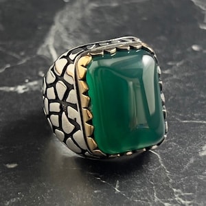 Men&#39;s Square Natural Green Agate Gemstone Silver Ring, Men Green Stone Ring, Embroidered Silver Ring, 925 Sterling Silver Ring, Gift For Him