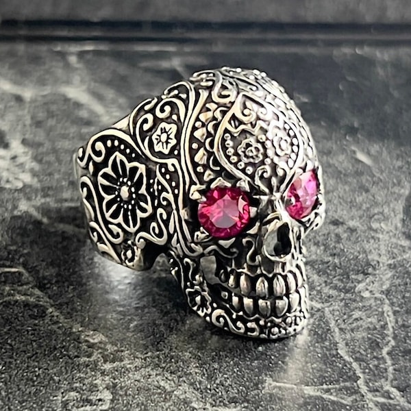 Silver Flower Roses Skull Jewelry, Mexican Gothic Style Ring, Biker Engraved Skull Ring, Handmade Biker Gift, Floral Jewelry, Ring For Men