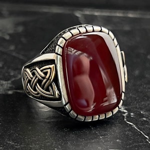 Men Handmade Agate Gemstone Silver Ring, Square Red Stone Ring, Men&#39;s 925k Sterling Silver Ring, Knitted Pattern Handmade Ring, Gift For Him