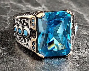 米津玄師 tasukete ring 手 /レモン、足/アクア 925K Silver Aquamarine Stone Ring, Ocean Blue Stone Men Ring