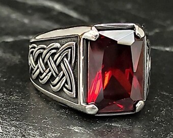 Men Silver Square Ruby Gemstone Ring, Silver Red Zircon Stone Ring, Handmade Jewelry, 925 Sterling Silver Men's Jewelry, Gift For Him
