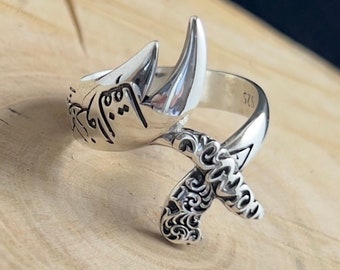 Handmade Ali's Zulfiqar Sword White Design Ring, Silver Arabic Motifs Ring, Adjustable Warrior Signet Ring, Islamic Jewelry, Gift For Him