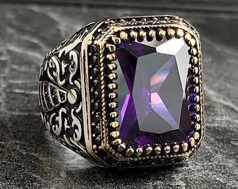 Men Square Purple Amethyst Gemstone Silver Ring, Men Violet Chic Stone Ring, Handmade Jewelry, Floral Style, 925k Sterling Silver Ring