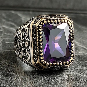 Men Square Purple Amethyst Gemstone Silver Ring, Men Violet Chic Stone Ring, Handmade Jewelry, Floral Style, 925k Sterling Silver Ring