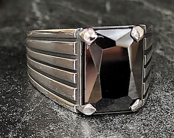 Men Silver Square Black Topaz Gemstone Ring, Silver Black Onyx Stone Ring, 925k Sterling Silver Men's Jewelry, Handmade Jewelry