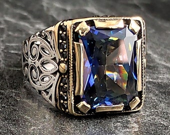 Men Silver Square Tanzanite Gemstone Ring, Silver Rainbow Color Stone Ring, Men Handmade Jewelry, 925K Sterling Silver Ring, Gift For Him