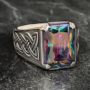 Men Silver Square Mystic Topaz Gemstone Ring, Men Silver Rainbow Colorized Stone Ring, Men Handmade Jewelry, 925K Sterling Silver Ring