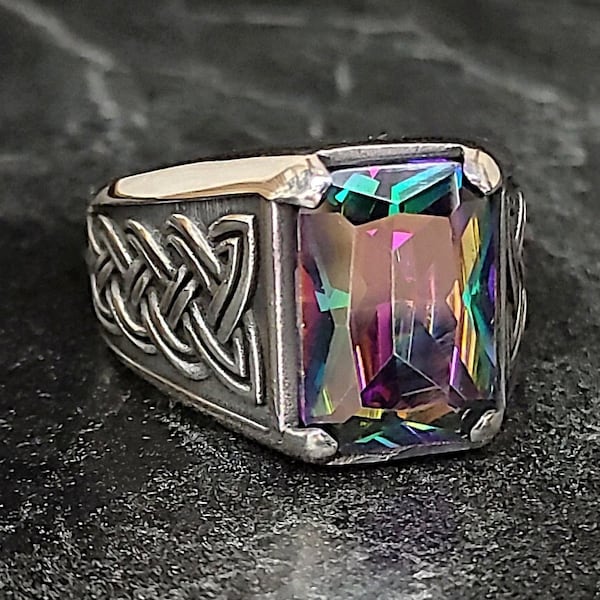 Men Silver Square Mystic Topaz Gemstone Ring, Men Silver Rainbow Colorized Stone Ring, Men Handmade Jewelry, 925K Sterling Silver Ring