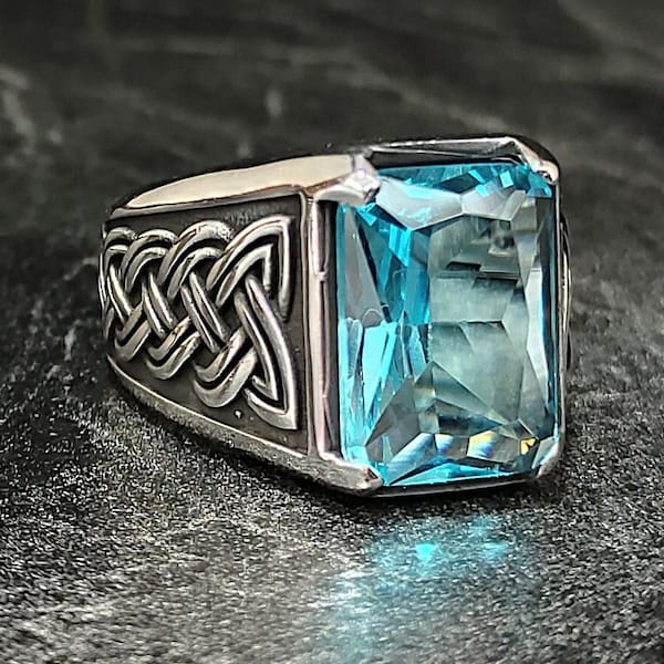 Men Silver Square Aquamarine Gemstone Ring, Silver Sky Blue Stone Ring, Men Handmade Ring, 925 Sterling Silver Mens Jewelry