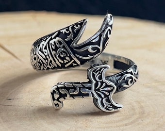 Ali's Zulfiqar Sword Schwarzer Design Ring, Silber Handgemachter Arabischer Ring, Verstellbarer Krieger Siegelring, Islamischer Schmuck, Geschenk Für Ihn