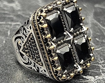 大きな黒い宝石の指輪、メンズスクエアジルコンブラックストーンリング