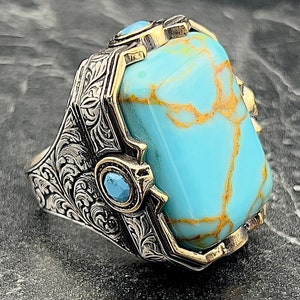 Men’s Handmade Large Turquoise Ring, Sterling Silver Ottoman Style, Square Natural Gemstone, Handcrafted Statement Ring, Gift for Him