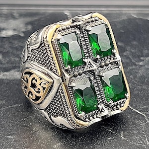 Anel grande masculino com pedra verde, anel de destaque para ele, joia de prata esterlina com pedras preciosas, presente exclusivo para homens, presente de aniversário ou aniversário