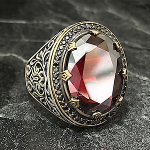 Men Silver Red Garnet Gemstone Ring, Silver Shiny Red Stone Ring, Handmade Vintage Jewelry, Silver Men&#39;s Jewelry, Gift For Him