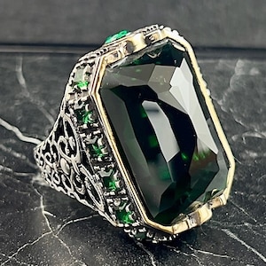 Anel grande de prata esmeralda masculino, anel vintage estilo otomano com pedra verde, prata esterlina 925k, presente exclusivo para ele, presente de Ano Novo