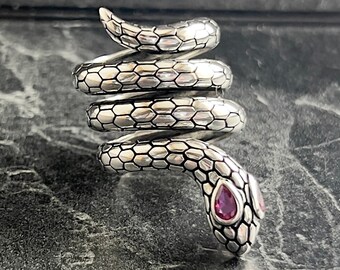 Zilveren gedetailleerde python-slangenring, slangwikkelring, zilveren dierenslangbandring, gotische stijl, verstelbare omslagslangstijl, cadeau voor hem