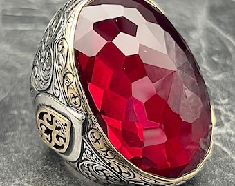 Anillo de plata con rubí para hombre, anillo ovalado grande hecho a mano estilo otomano con piedra de circonita roja, anillo llamativo, regalo para él, joyería vintage