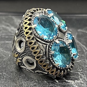 Anel masculino de prata com pedra preciosa de água-marinha, anel grande de água-marinha estilo otomano, anel de declaração feito à mão, presente exclusivo para ele, joias masculinas