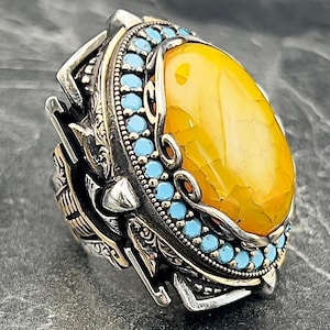 Men Silver Agate Ring Handmade In 925K Sterling, Large Yellow Aqeeq Gemstone Ring, Vintage Style Statement Jewelry, Gift For Him Or Dad