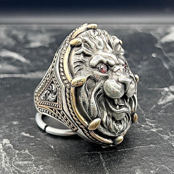 Sterling Silver Lion Head Ring With Ruby Eyes, Bold Ottoman Style