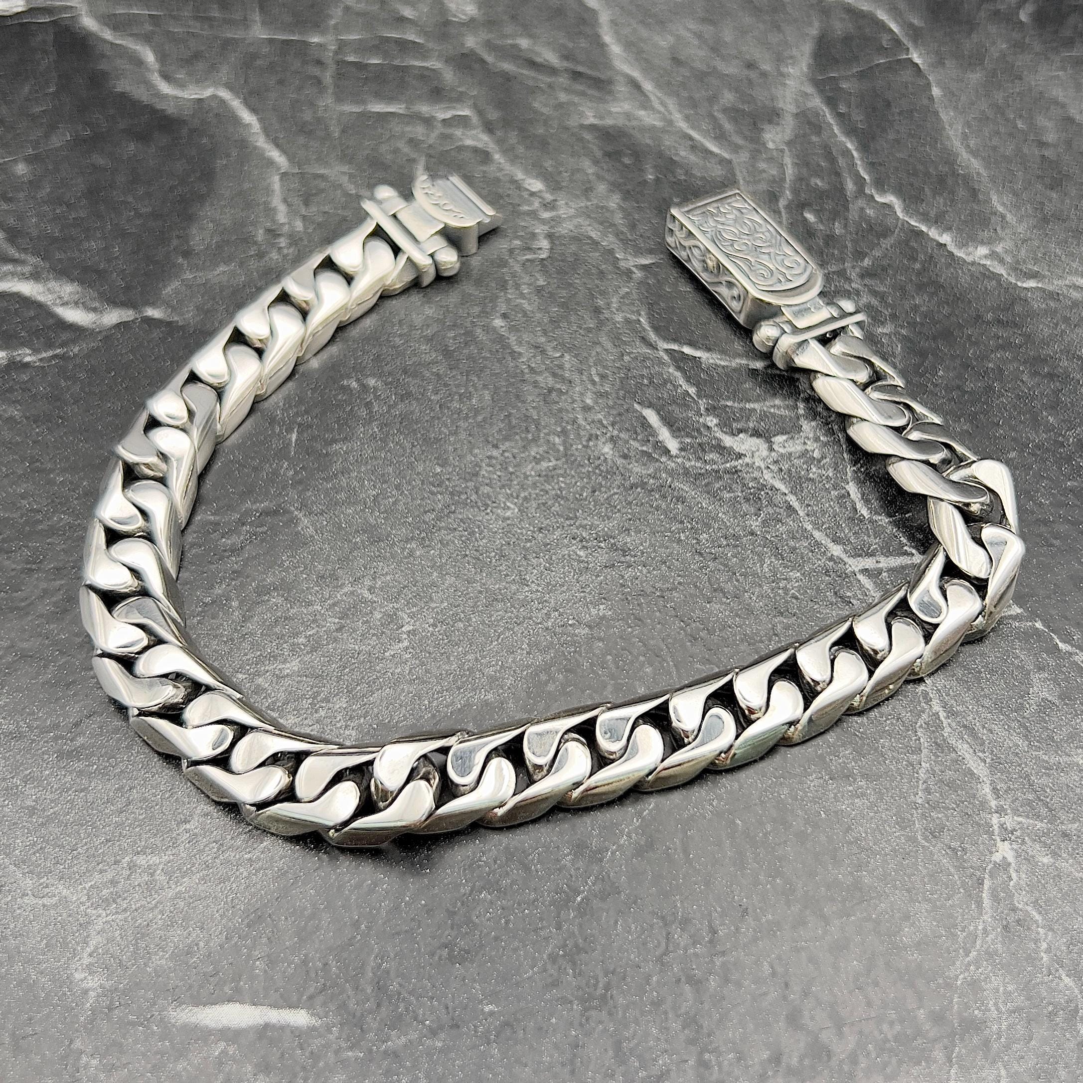 Men's Textured Silver Cuban Link Bracelet, 925K Solid Silver
