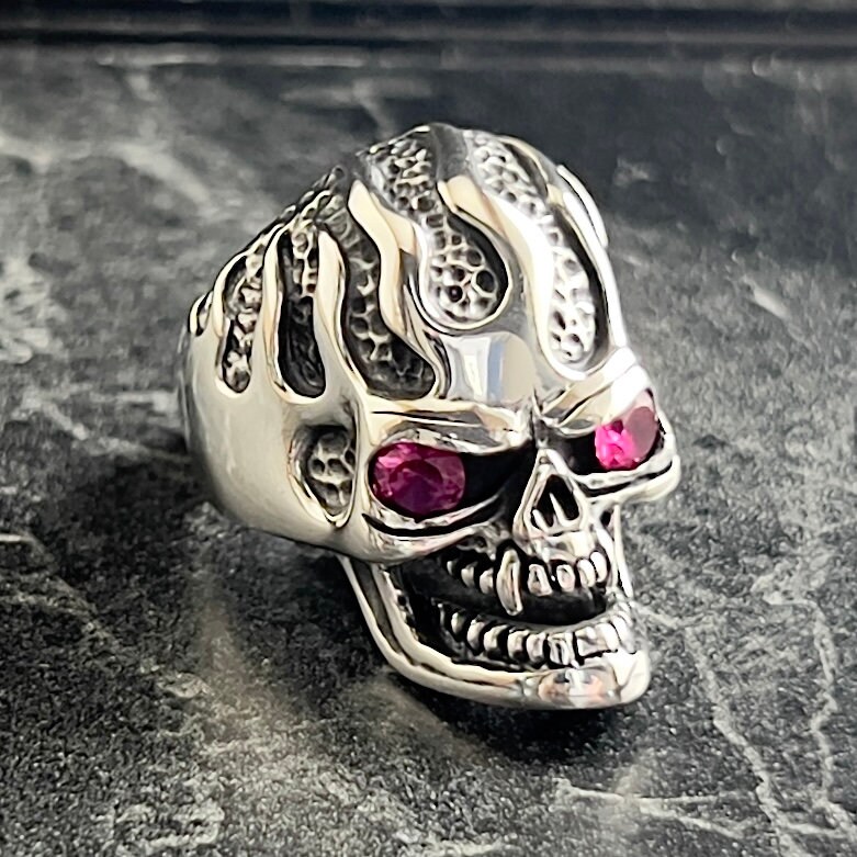 925 Silver Flaming Skull Jewelry, Biker Gothic Style Ring, Punk Swagger ...