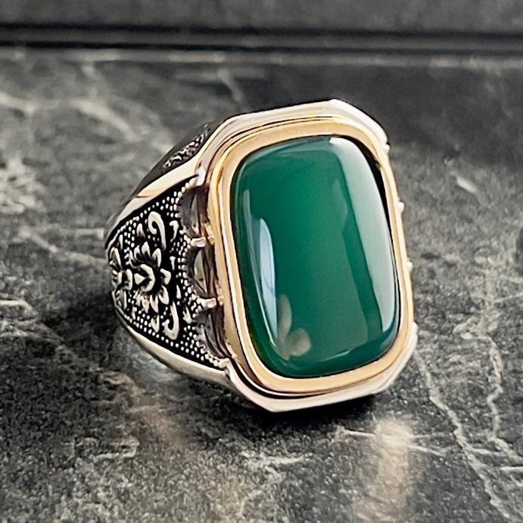 Silver Green Agate Signet Ring for Men, Handmade Agate Aqeeq Ring ...