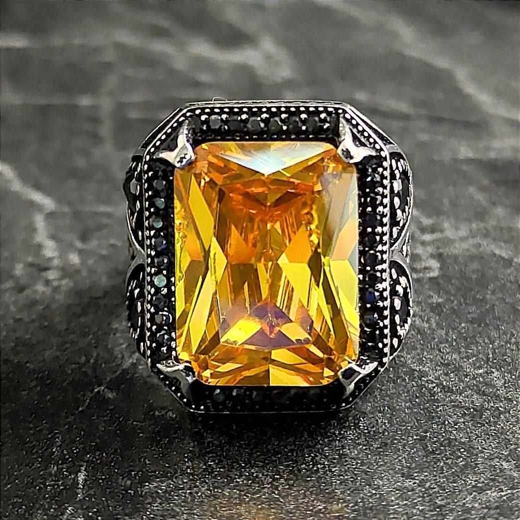 メンズスクエアイエローシトリンジェムストーンシルバーリング、メンズ