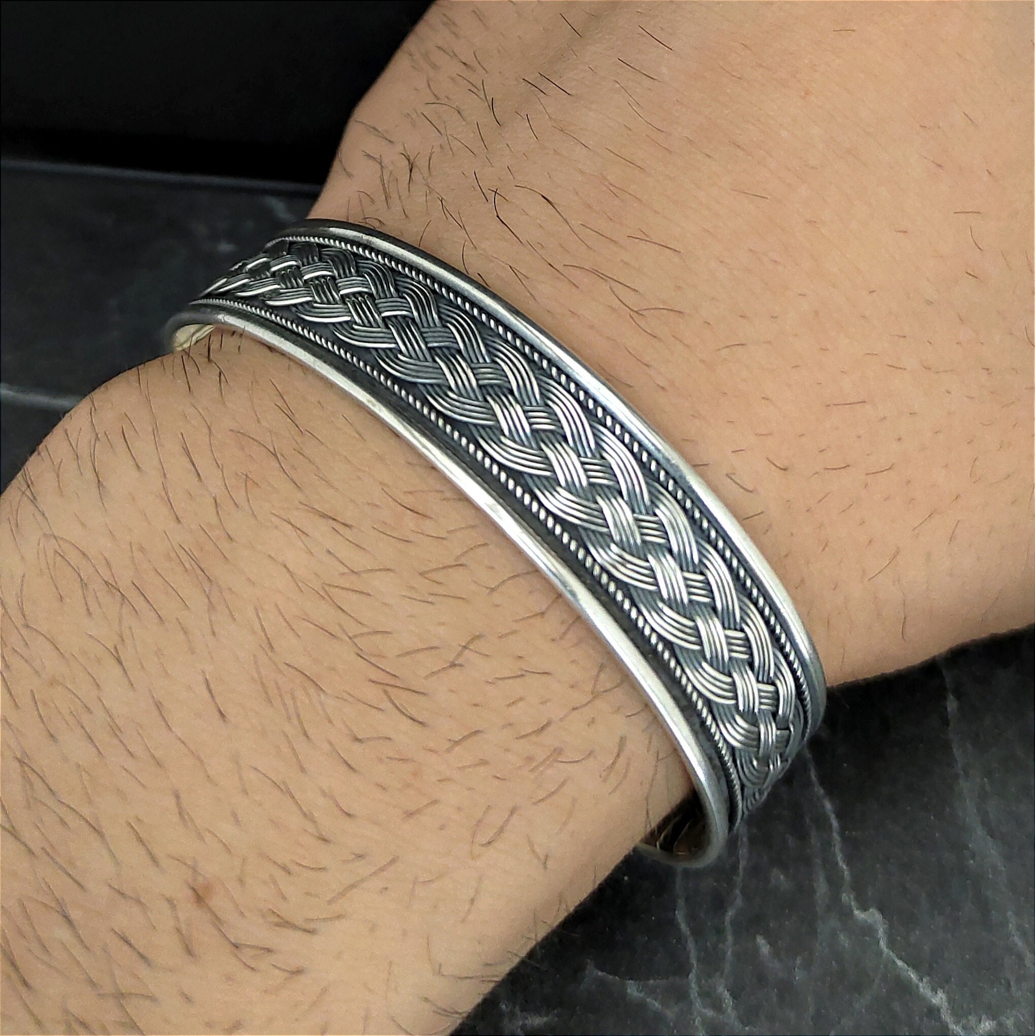 925 Sterling Silver Carved Patterned Handmade Cuff Bracelet, Men