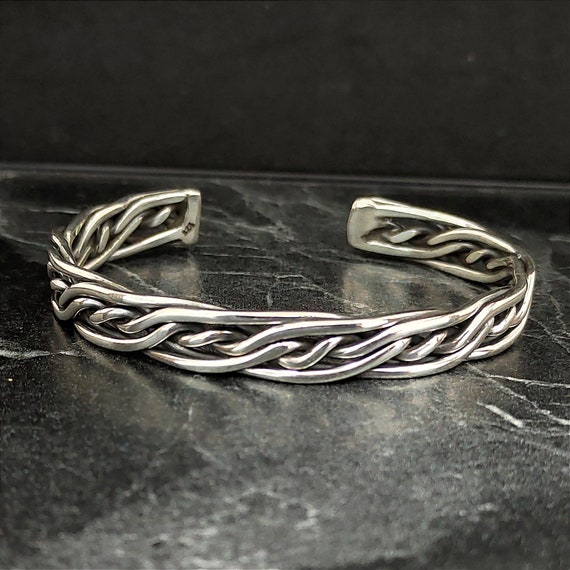 925 Sterling Silver Thick Wire Braided Cuff Bracelet, Men Silver Thick Knit Engraved Handmade Bracelet, New Year Day Gift