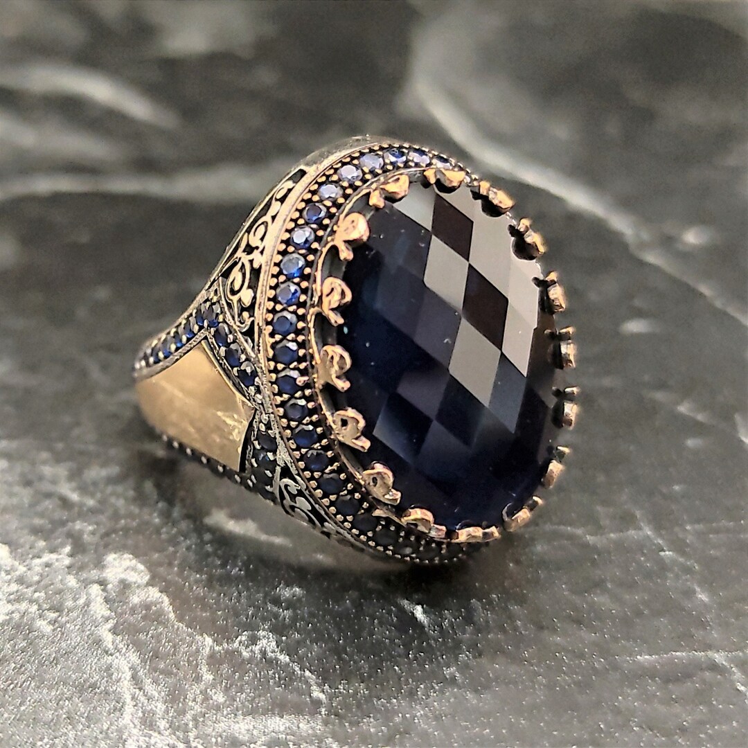 Men Silver Blue Stone Ring , Silver Dark Blue Gemstone Ring , Men