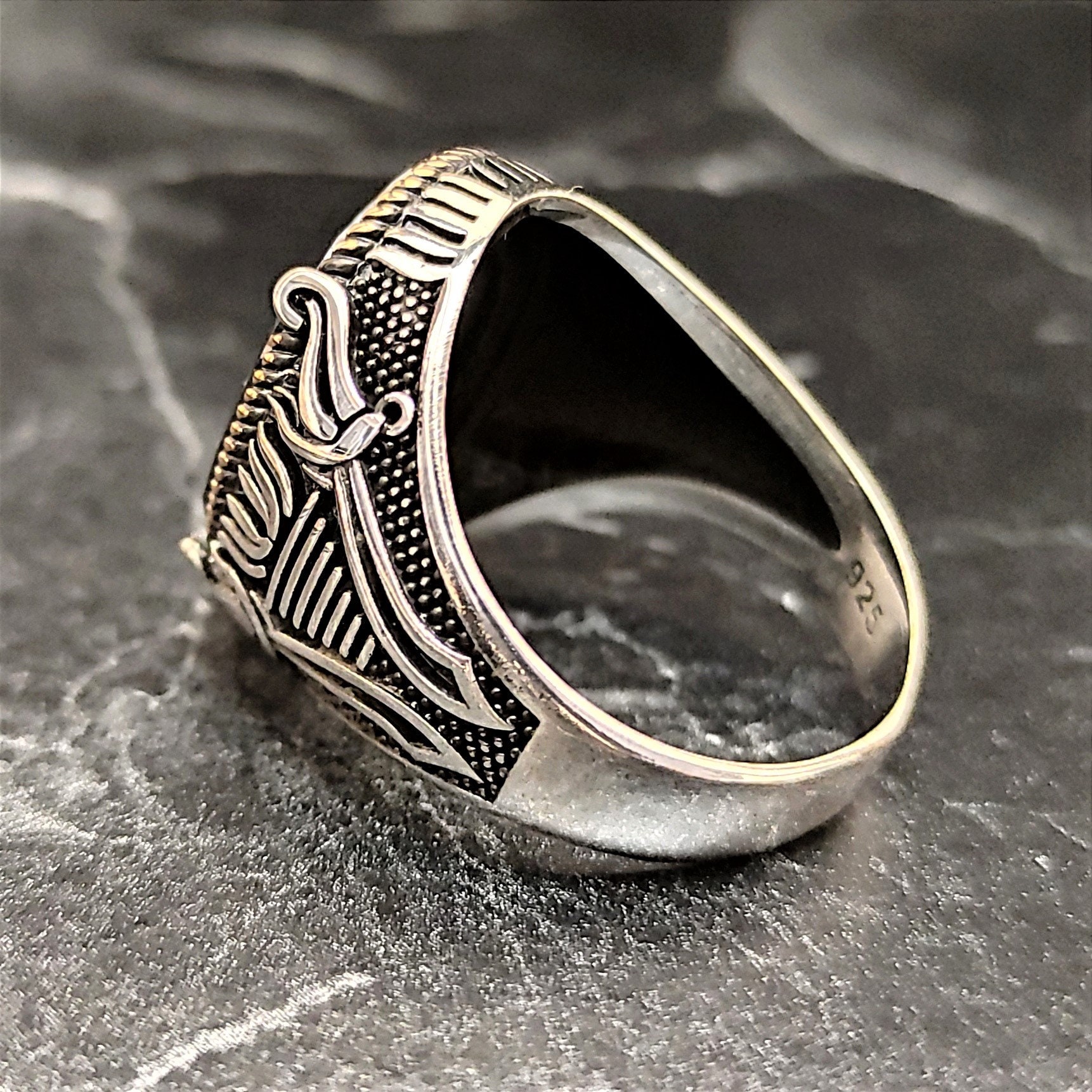 Men Silver Oval Black Stone Ring , Silver Black Zircon