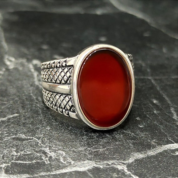 Red Agate Oval Stone Handmade Silver Ring , Silver Yemeni Aqeeq Gemstone Ring , Turkish Handmade Jewelry , 925 Sterling Silver Men's Jewelry