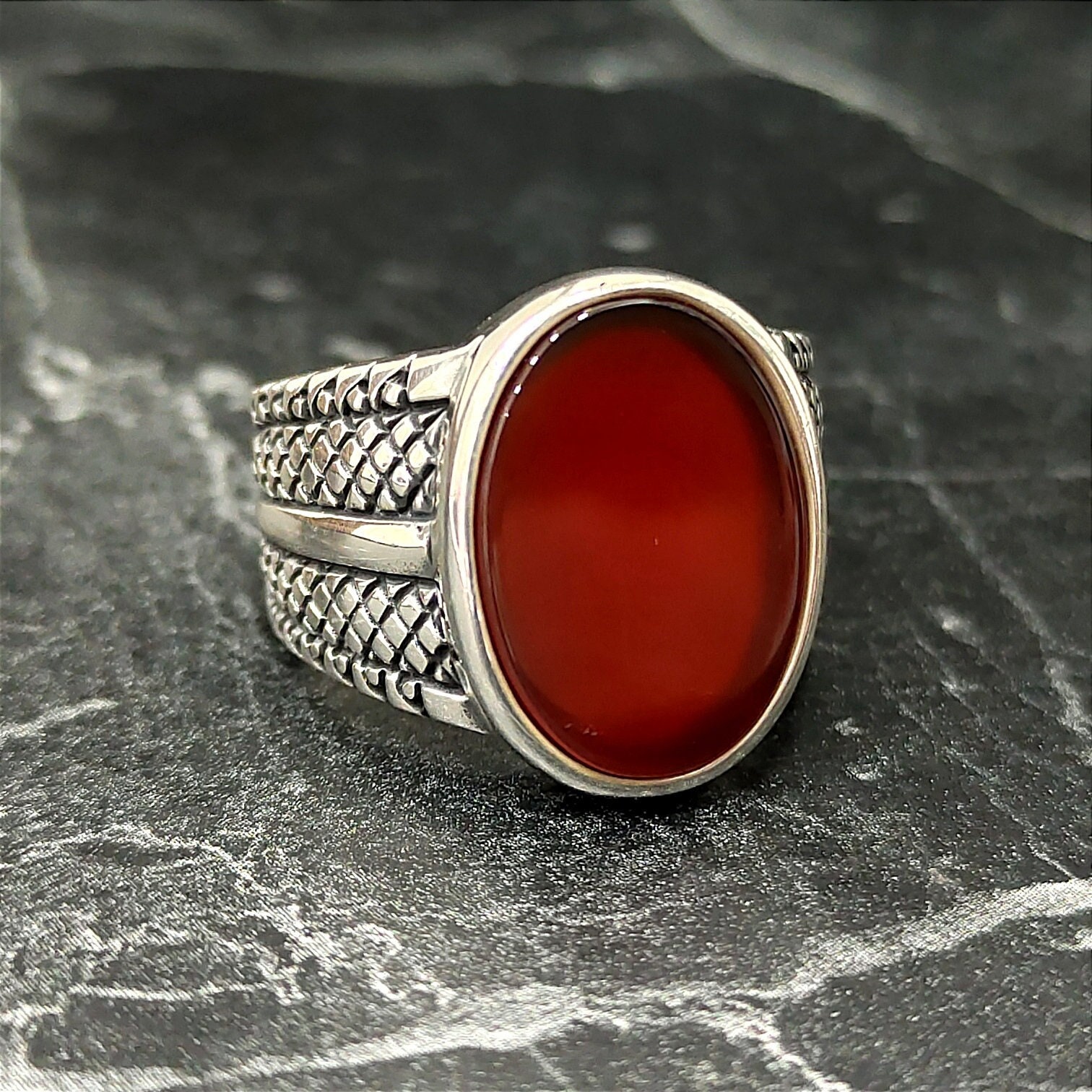 Red Agate Oval Stone Handmade Silver Ring , Silver Yemeni Aqeeq