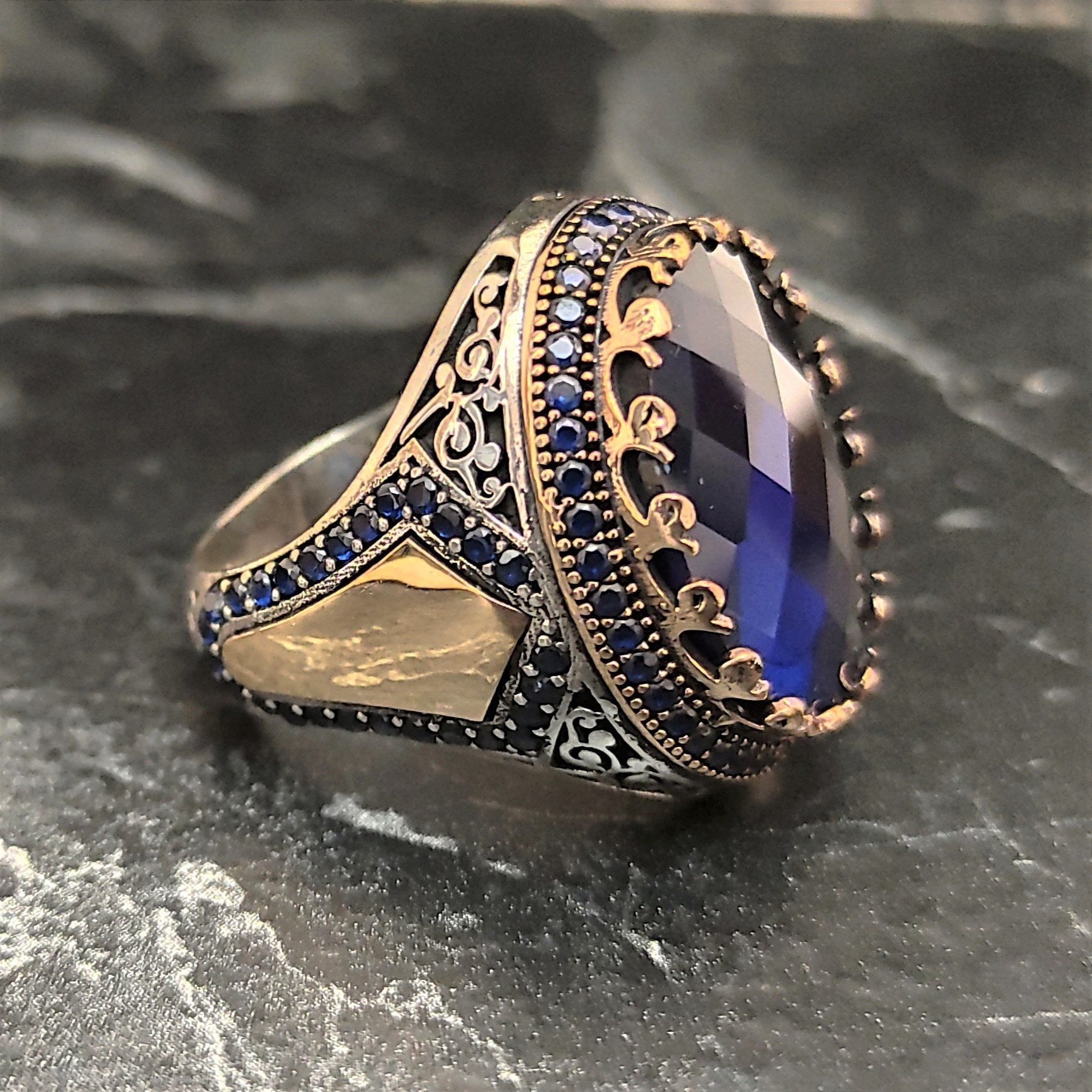 Men Silver Blue Stone Ring , Silver Dark Blue Gemstone Ring , Men