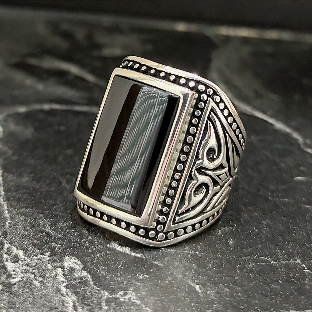 Men's Black Onyx Stone Ring , Silver Square Natural Onyx