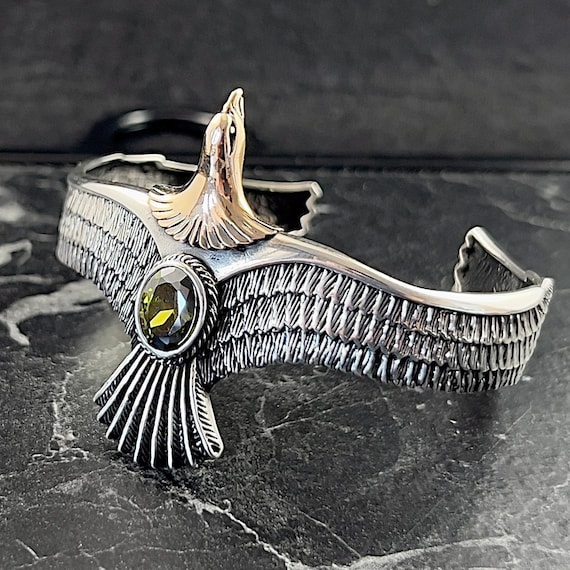 Green Peridot Gemstone Eagle Bracelet, Handmade 925 Sterling