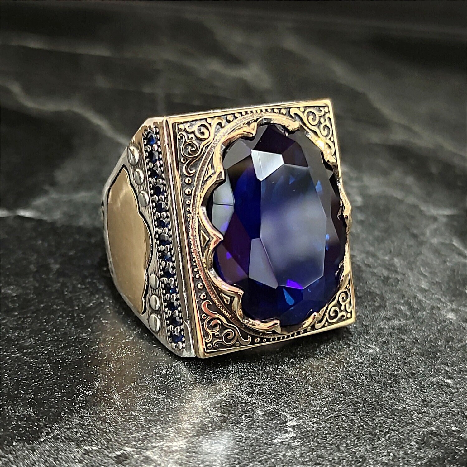 Men Silver Square Blue Gemstone Ring, Silver Blue Sapphire Stone Ring, Men Handmade Ottoman Ring, Silver Men's Jewelry