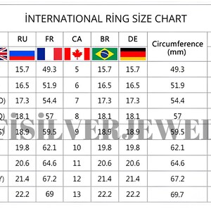 May include: International ring size chart with columns for USA, UK, RU, FR, CA, BR, DE, Circumference (mm), Diameter (mm), and Diameter (inch). The chart shows ring sizes from 5 to 13.