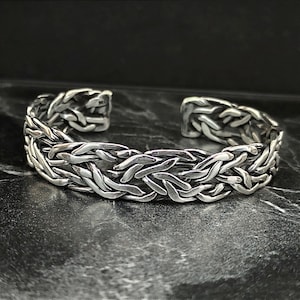 925 Sterling Silver Big Wire Braided Cuff Bracelet, Men's Silver Thick Embroidered Handmade Bracelet, New Year Day Gift