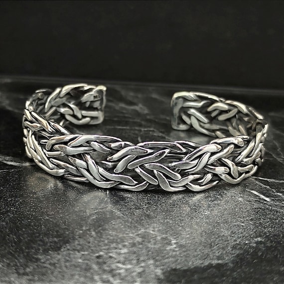 925スターリングシルバーの太いワイヤー編み込みカフブレスレット