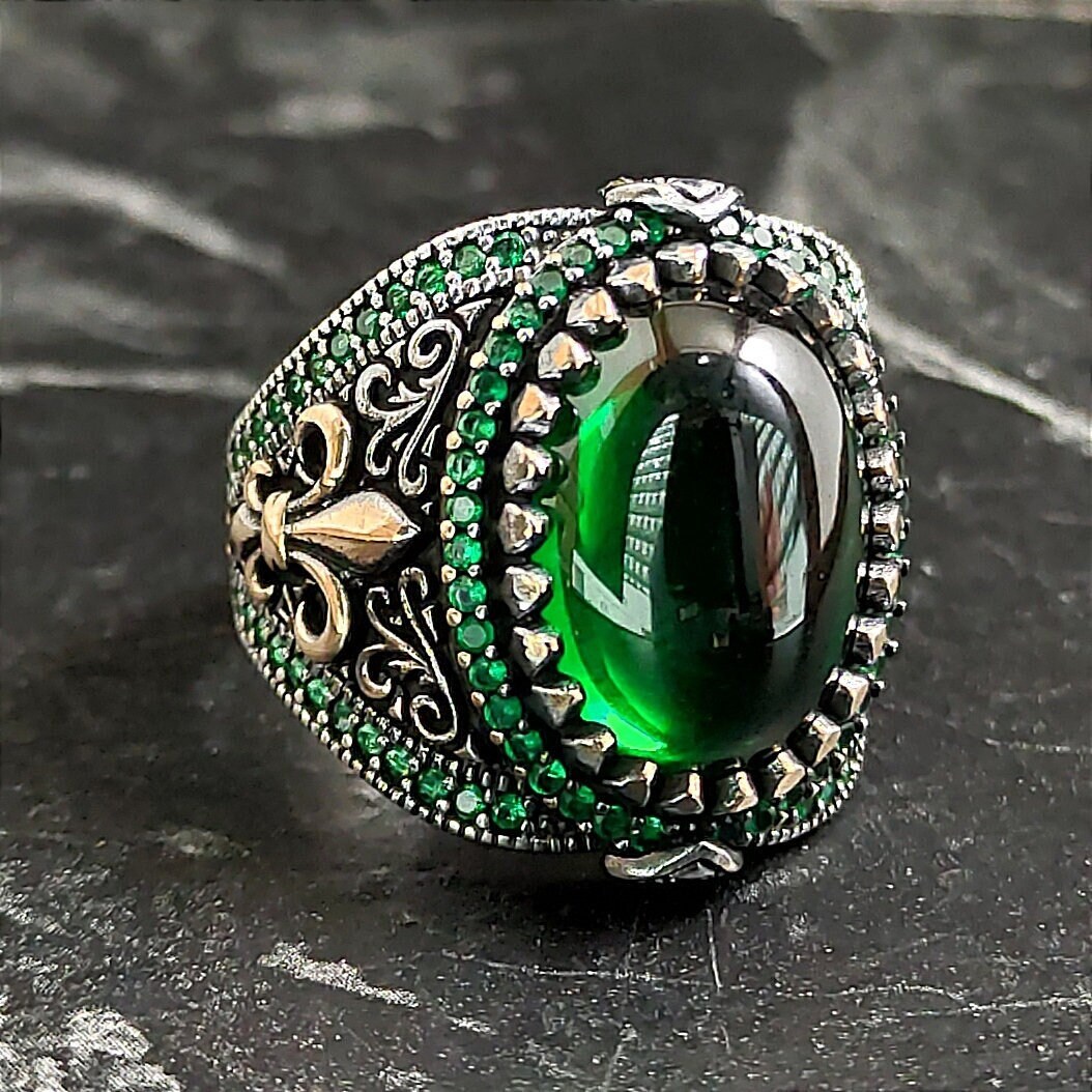Men Oval Green Jade Gemstone Silver Ring, Silver French Signet Royal Ring, Handmade Fleur De Lys Symbol Ring, Floral Style, Gift For Him