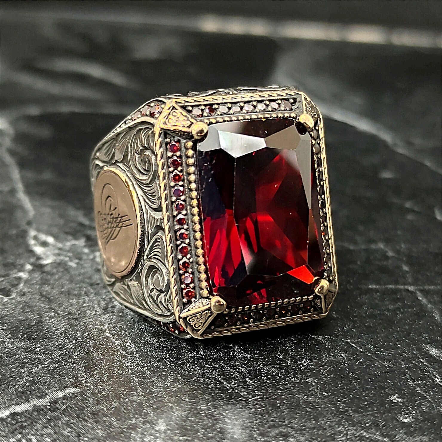 Men's Stainless Steel Garnet Gemstone Ring - Square Red Black Agate Design, Hypoallergenic - View #6