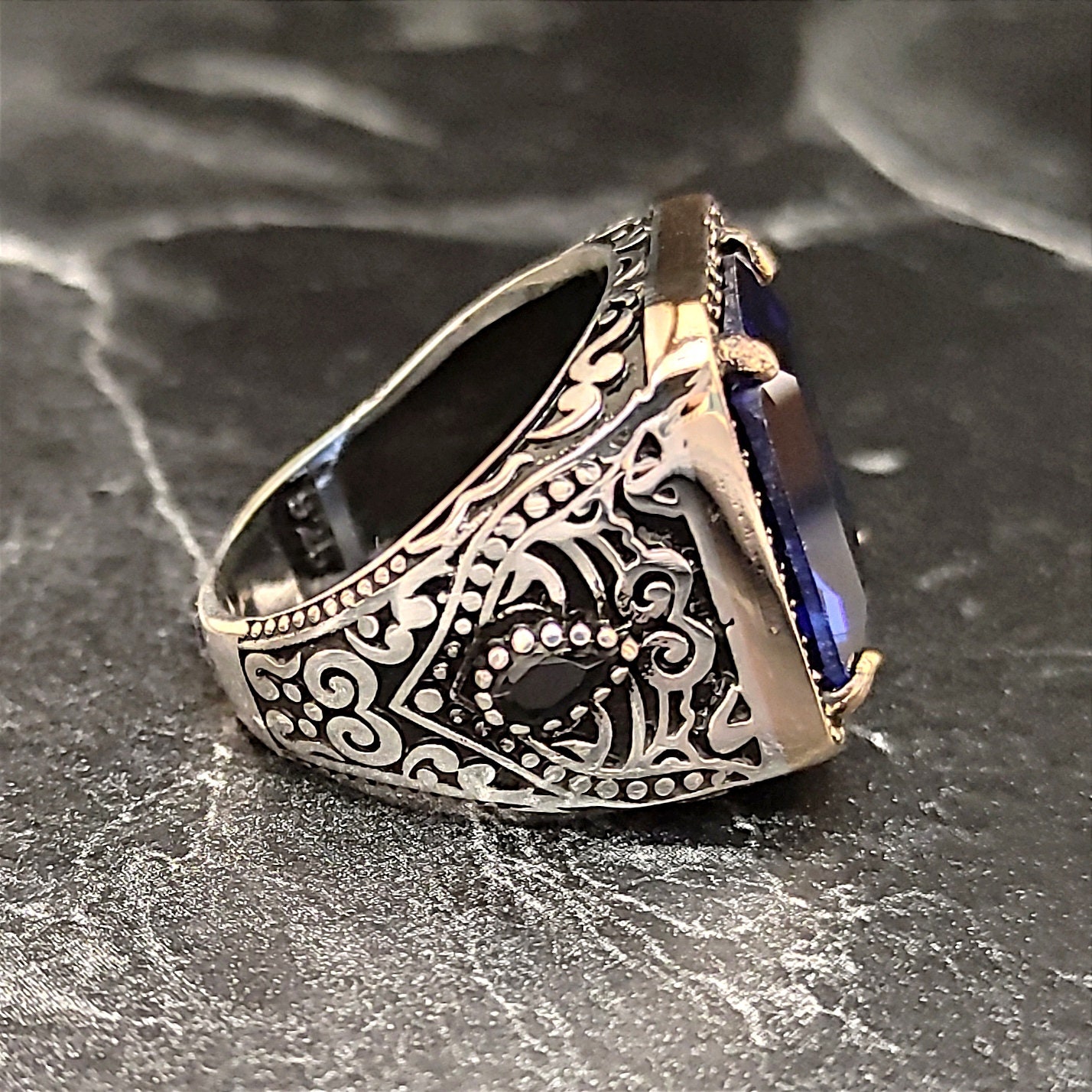 Men Silver Blue Stone Ring , Silver Blue Sapphire Zircon Stone