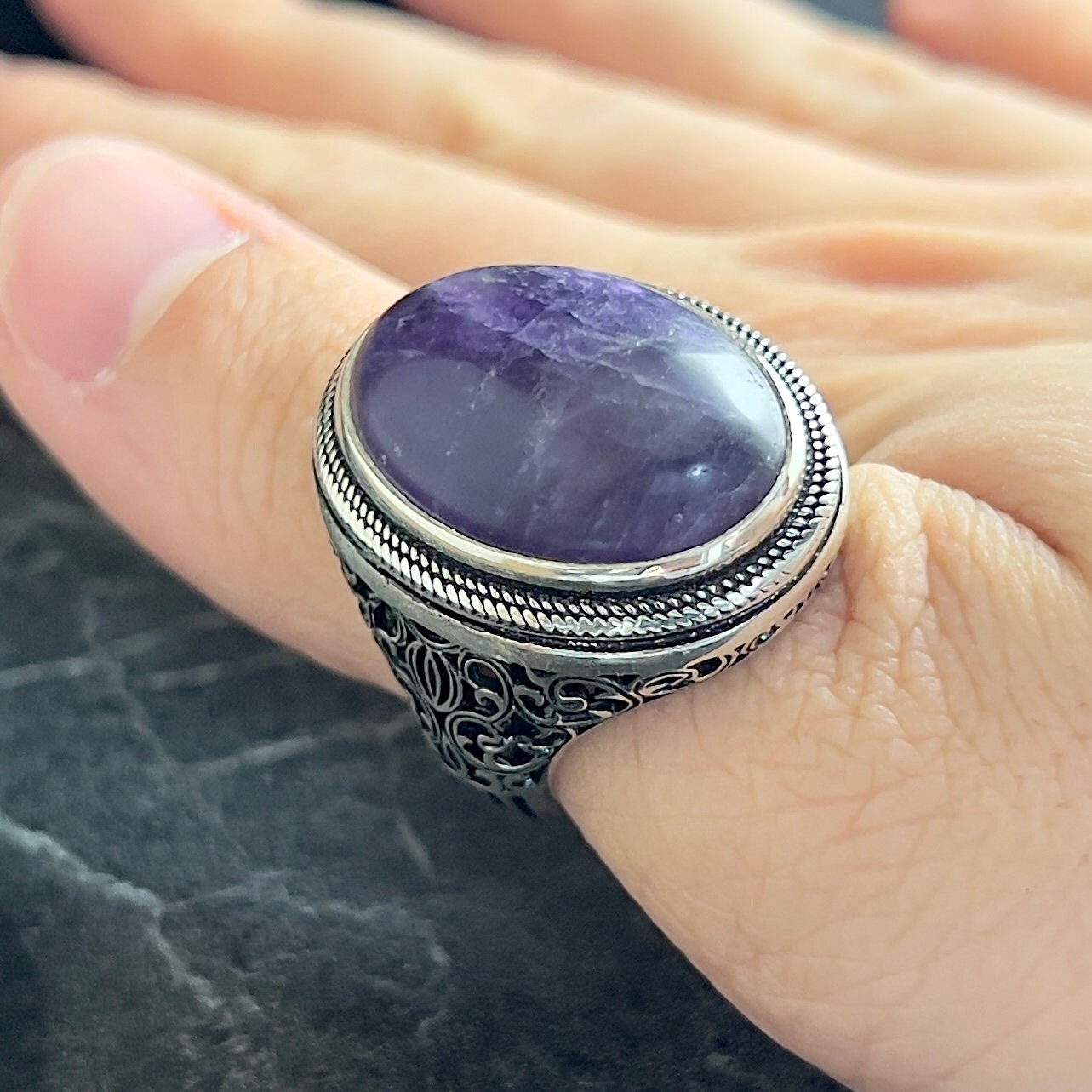 Anello In Argento Sterling Con Ametista Fatto A Mano: Pietra Preziosa A Goccia, Misura 6 E 7,5 - Italia - Foto 8