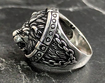 男性用キングライオンシルバーリング、ハンドメイドライオンレリーフ