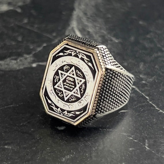 Men's Solomon Seal Pattern Protection Silver Ring, King Solomon Design Ring, Islamic Spiritual Jewelry, Religious Style, Gift for Him