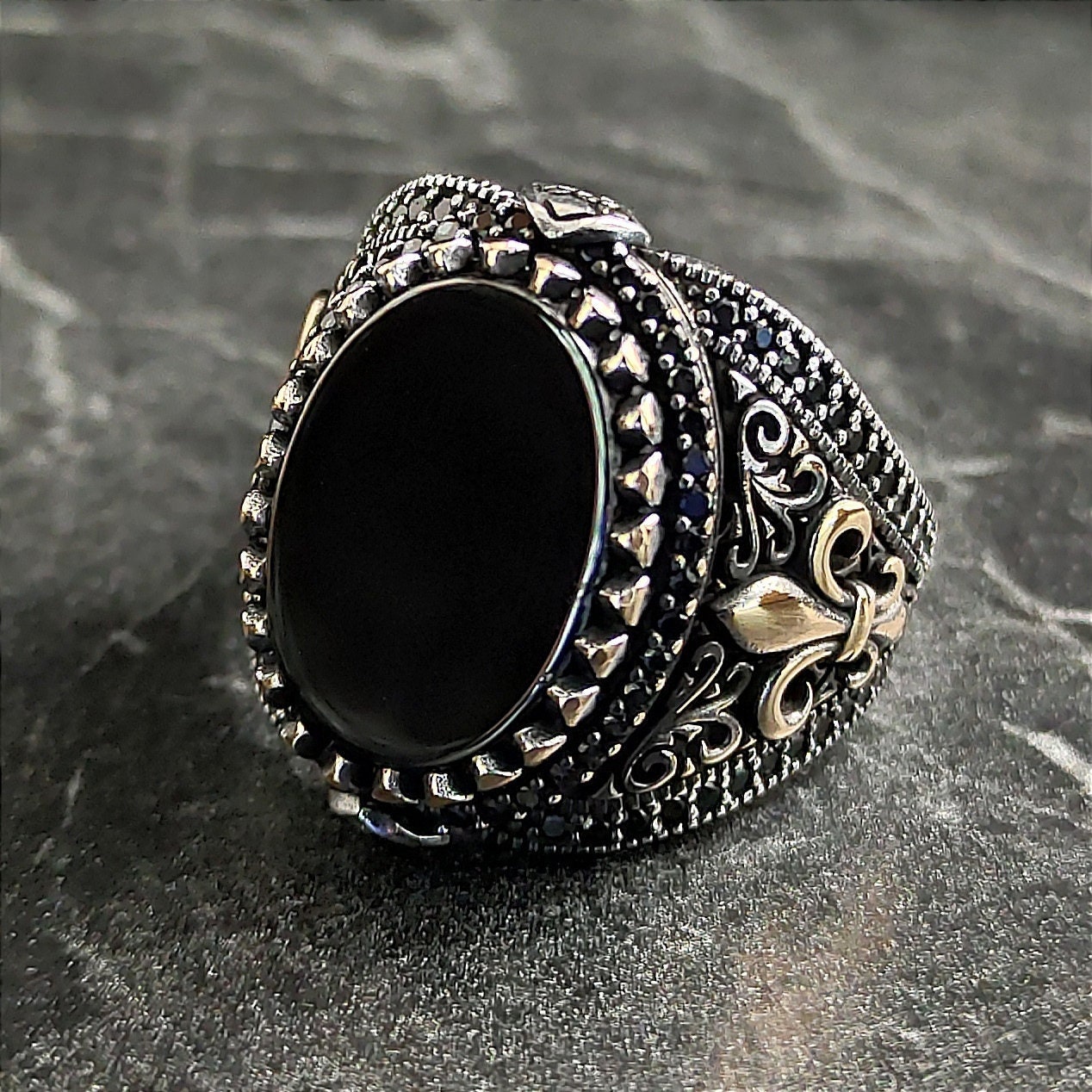 Men's Oval Black Onyx Gemstone Silver Ring, Silver French Signet
